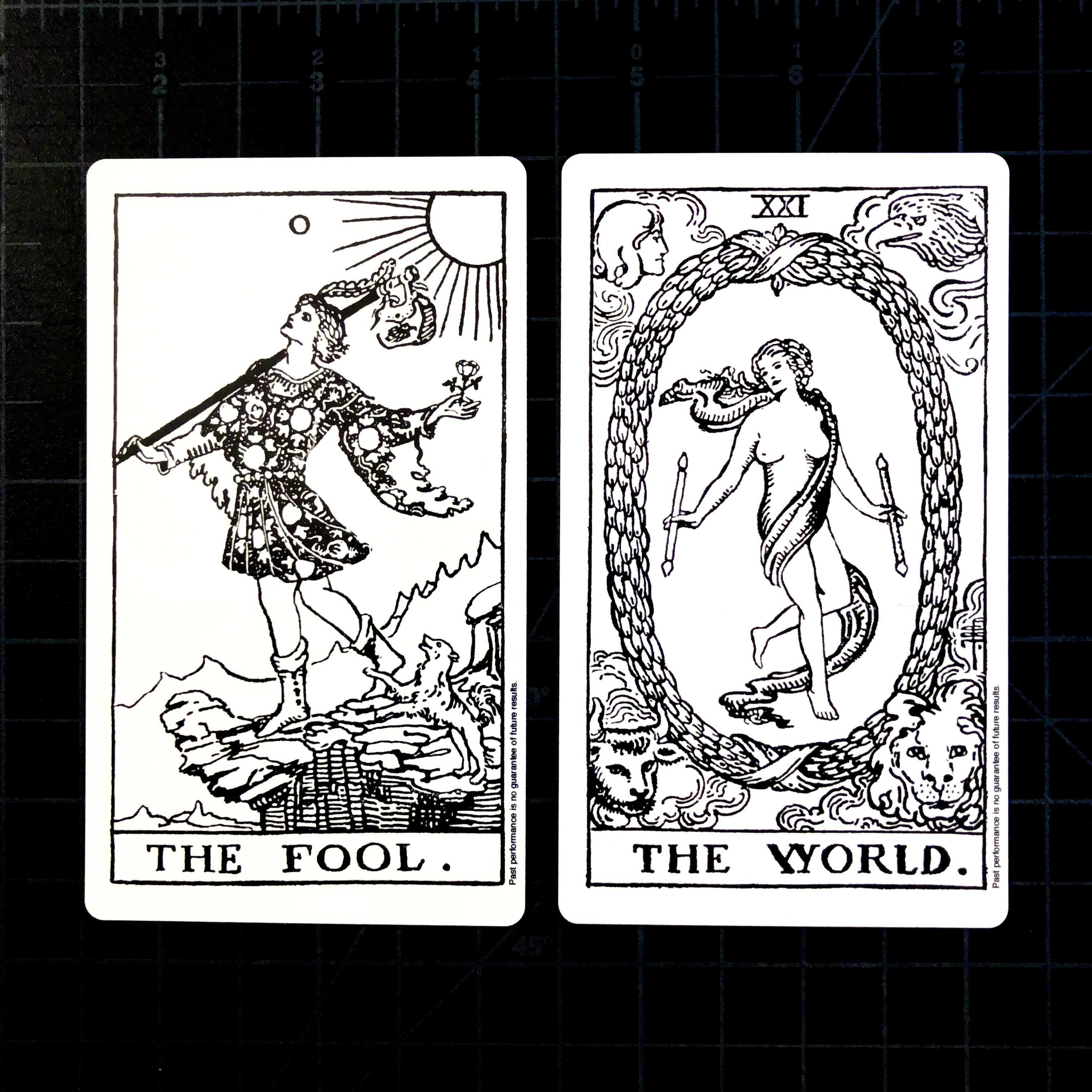 Two cards side by side: The Fool and The World.